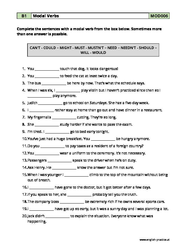 Modal Verbs - PDF Grammar Worksheet - B1 - MOD006