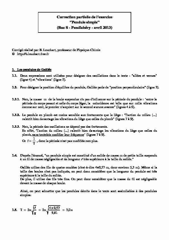 [PDF] Correction partielle de lexercice Pendule simple (Bac S