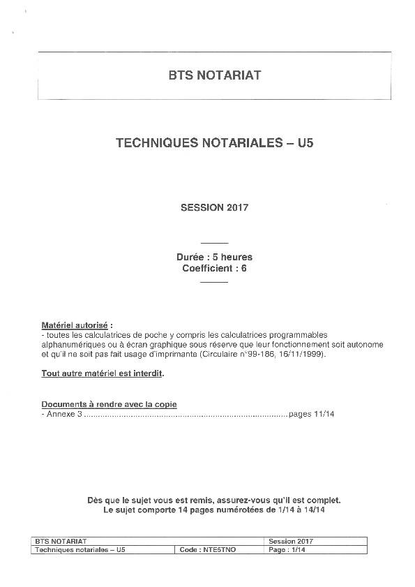 Sujet BTS notariat 2017 Techniques notariales
