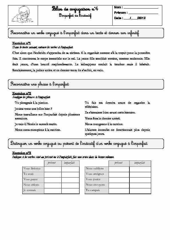 [PDF] FRANÇAIS – Conjugaison : Evaluation n°3 sur limparfait
