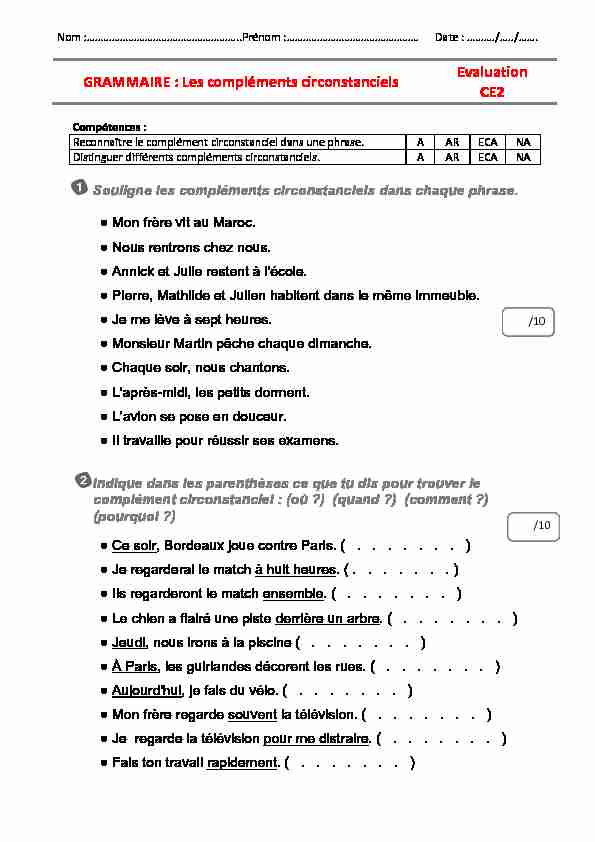 [PDF] GRAMMAIRE : Les compléments circonstanciels Evaluation CE2