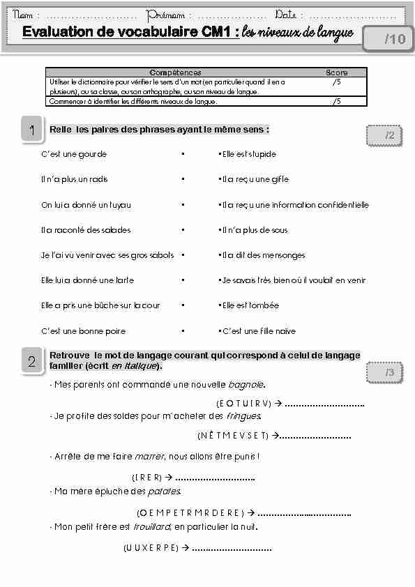 [PDF] Evaluation de vocabulaire CM1 : les niveaux de langue /10 1 2