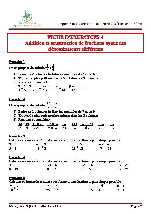 FICHE DEXERCICES 4 Addition et soustraction de fractions ayant