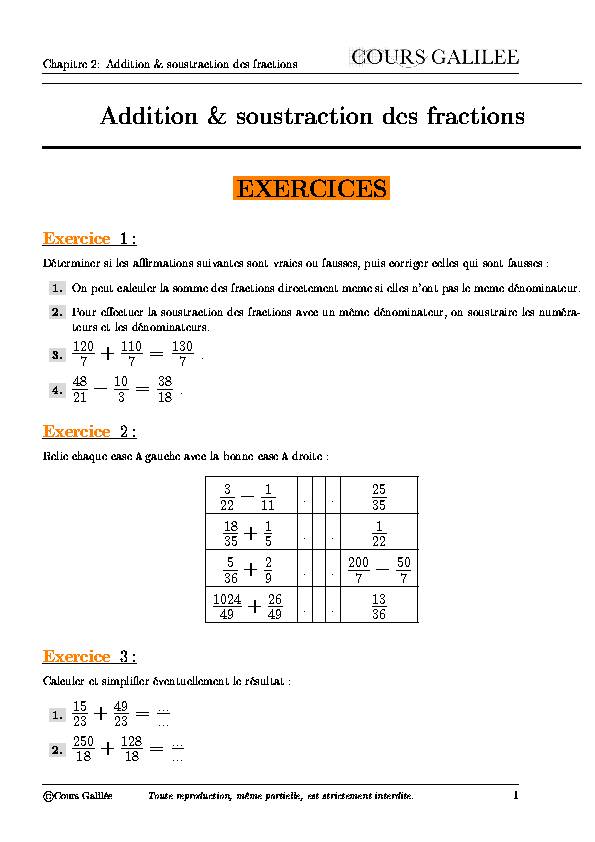 Addition & soustraction des fractions EXERCICES
