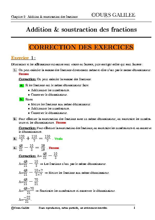 Addition & soustraction des fractions CORRECTION DES EXERCICES