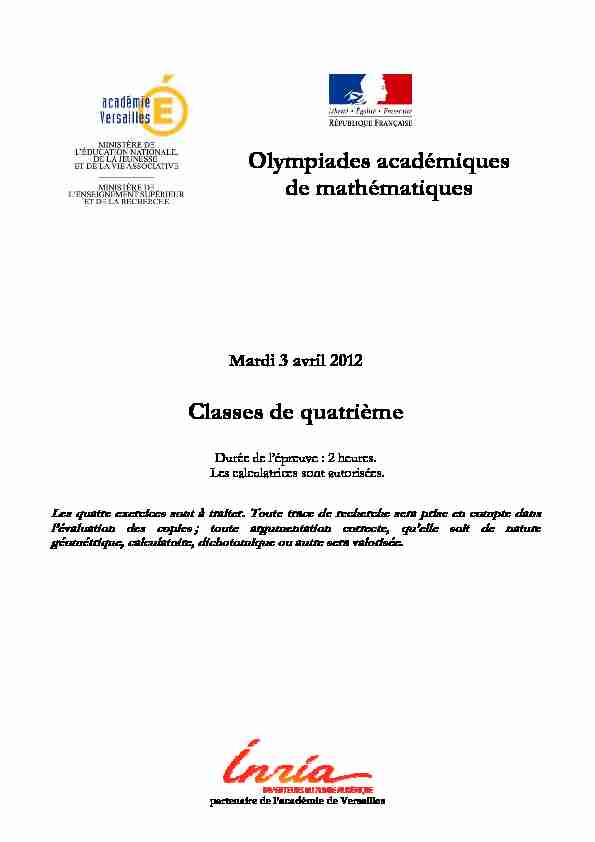 Olympiades académiques de mathématiques Classes de quatrième