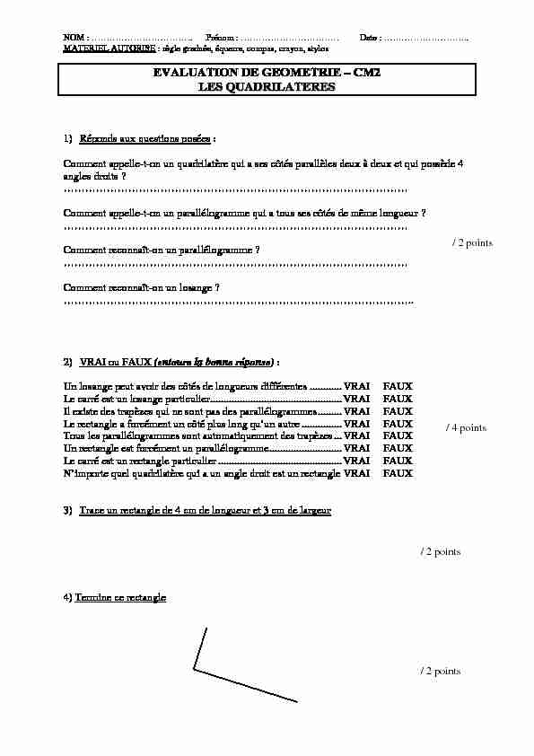 [PDF] EVALUATION DE GEOMETRIE – CM2 LES QUADRILATERES