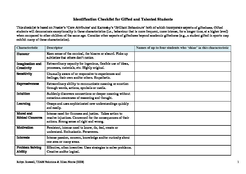 [PDF] Identification Checklist for Gifted and Talented Students