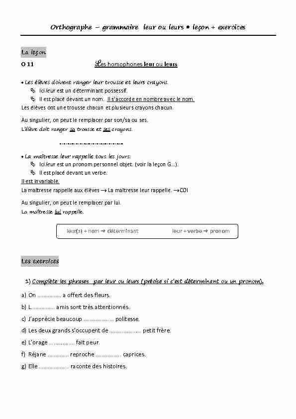 [PDF] Orthographe – grammaire leur ou leurs leçon   exercices O 11 Les