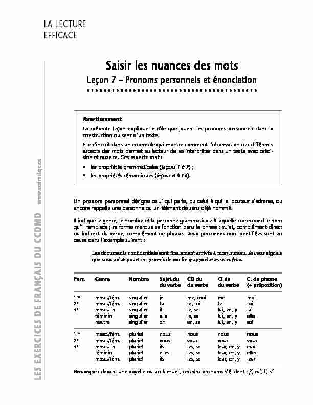 [PDF] Pronoms personnels et énonciation - CCDMD