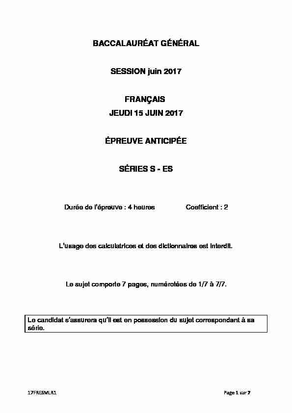 Sujet du bac S-ES Français (1ère) 2017 - Métropole