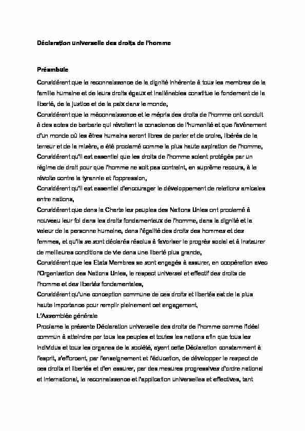 Déclaration universelle des droits de lhomme Préambule