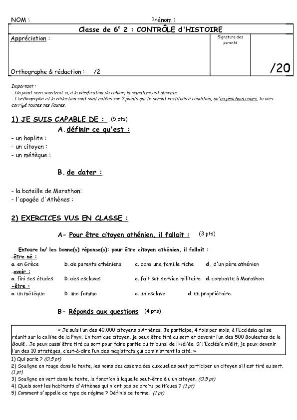 [PDF] Classe de 6e 2 : CONTRÔLE dHISTOIRE 1) JE SUIS CAPABLE DE