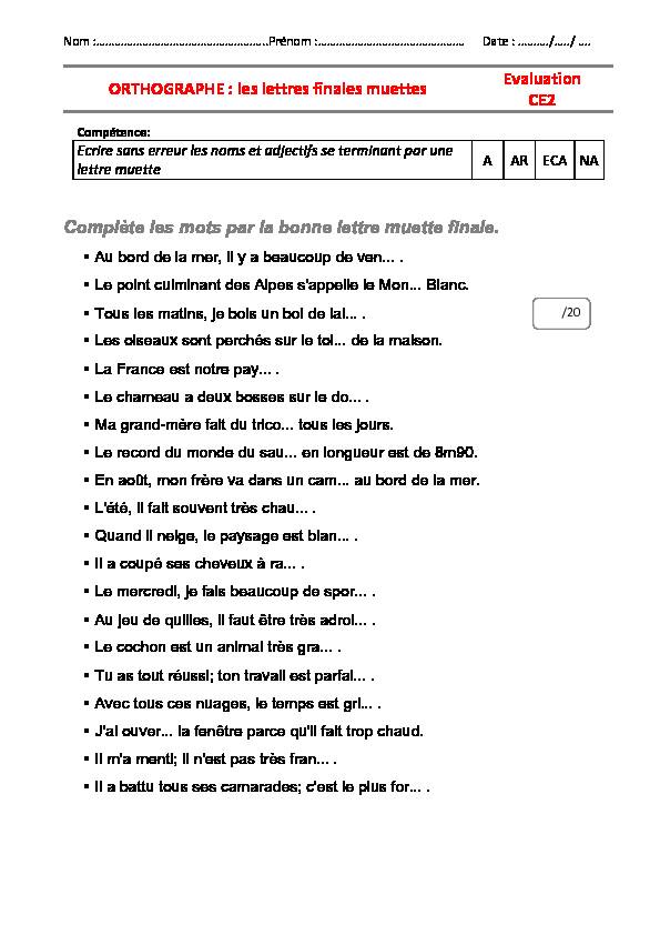 [PDF] ORTHOGRAPHE : les lettres finales muettes Evaluation CE2