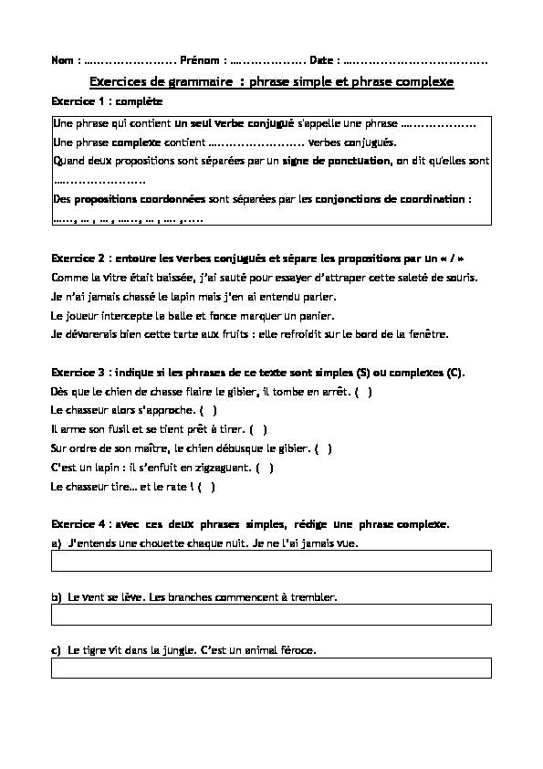 [PDF] Exercices de grammaire : phrase simple et phrase complexe