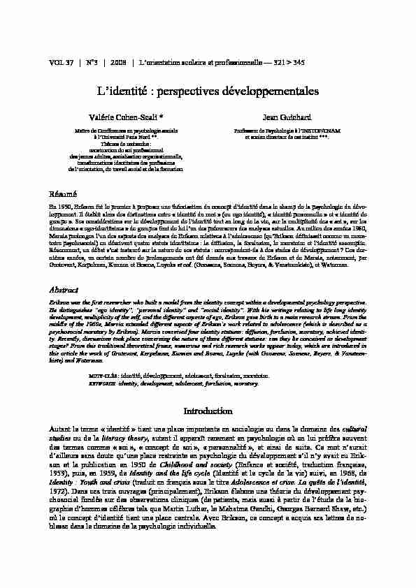 [PDF] Lidentité : perspectives développementales - Cnam - Oppio