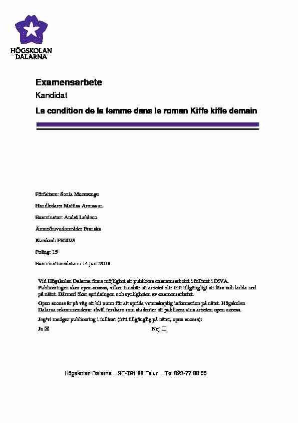 [PDF] La condition de la femme dans le roman Kiffe kiffe demain - DiVA