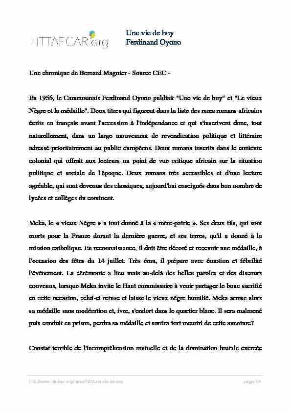 [PDF] Une vie de boy Ferdinand Oyono - Littafcar