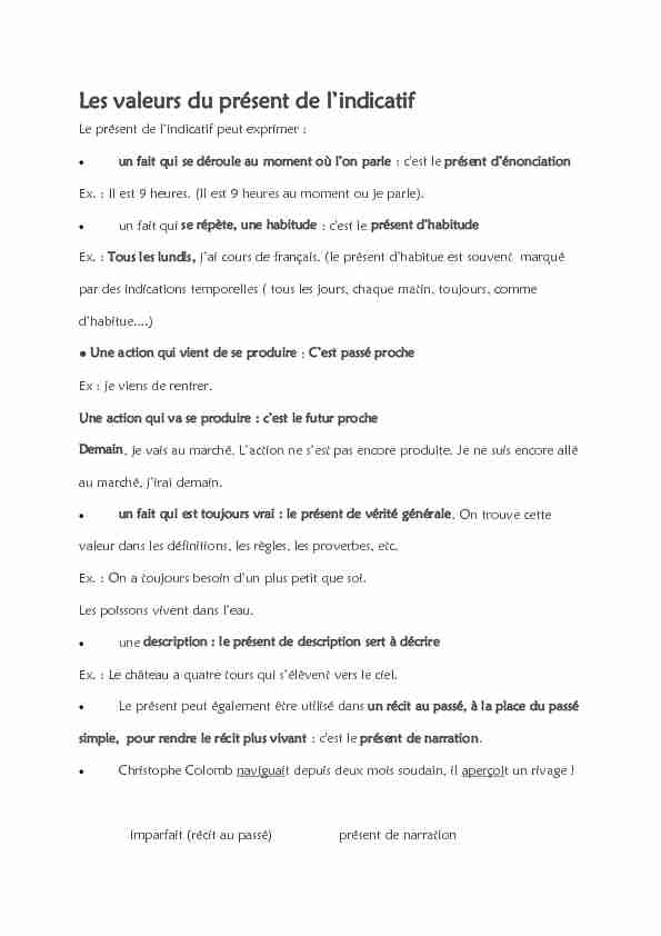 [PDF] Les valeurs du présent de lindicatif - Collège de Doujani