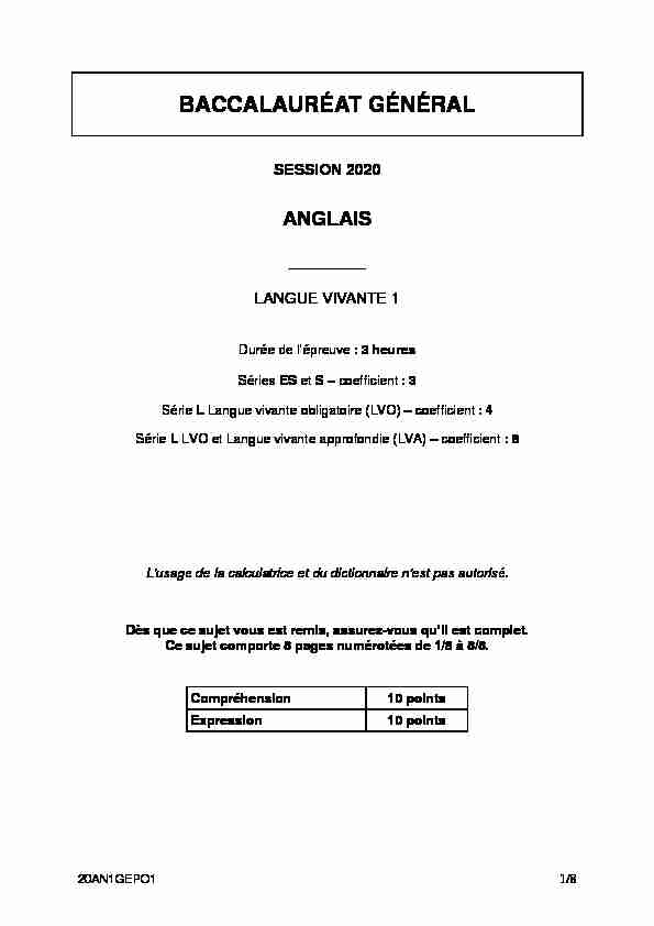 [PDF] Sujet du bac S-ES-L Anglais LV1 2020 - Polynésie remplacement