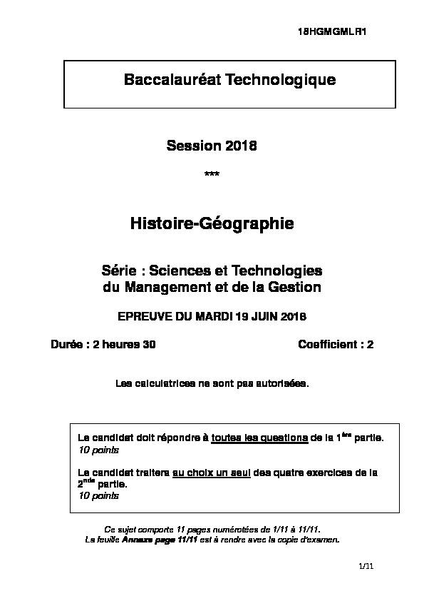 Sujet du bac STMG Histoire-Géographie 2018 - Métropole