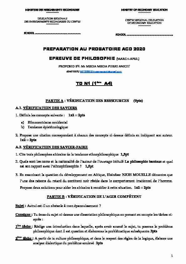 PREPARATION AU PROBATOIRE ACD 2020 EPREUVE DE