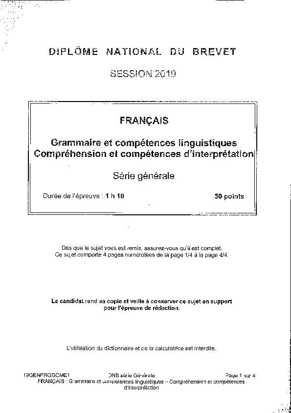 Sujet de Français du brevet 2019 France