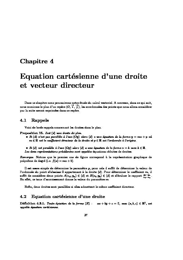 Chapitre 4 - Equation cartésienne dune droite et vecteur directeur