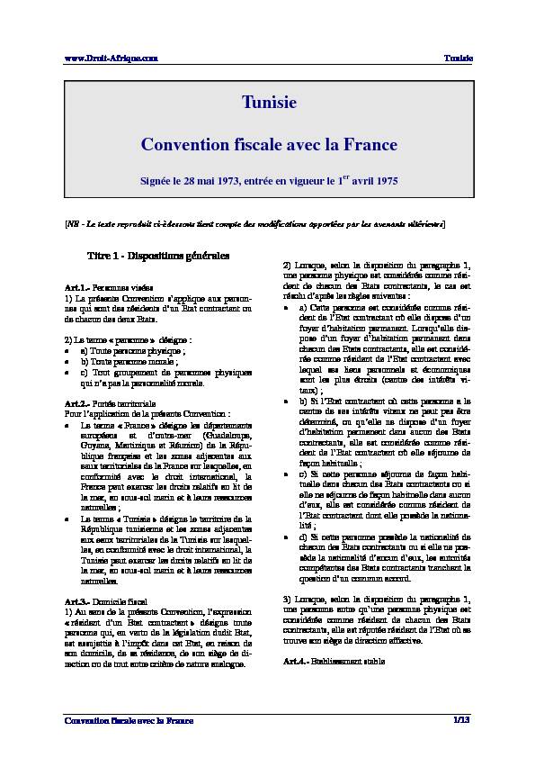 Tunisie Convention fiscale avec la France - Droit-Afrique