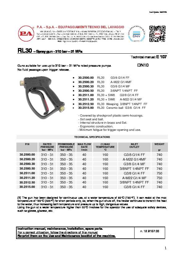 1 RL30 – Spray gun - 310 bar – 31 MPa