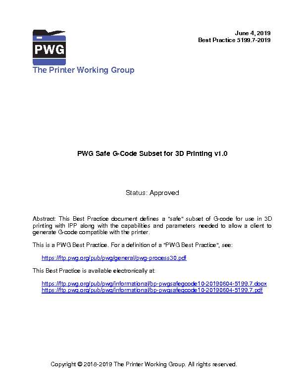 PWG Safe G-Code Subset for 3D Printing v1.0