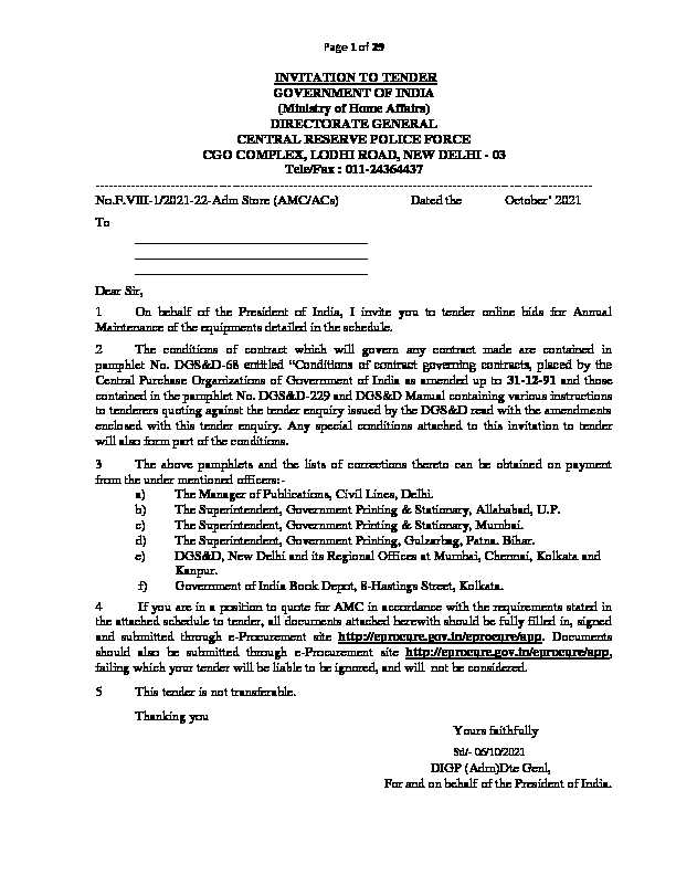 INVITATION TO TENDER GOVERNMENT OF INDIA (Ministry of