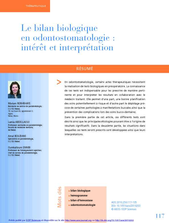 Le bilan biologique en odontostomatologie : intérêt et interprétation