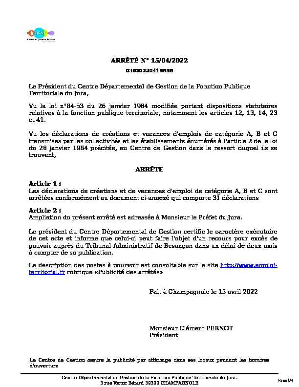 [PDF] arrêté n° 15/04/2022 - 03920220415959 - Emploi-Territorial
