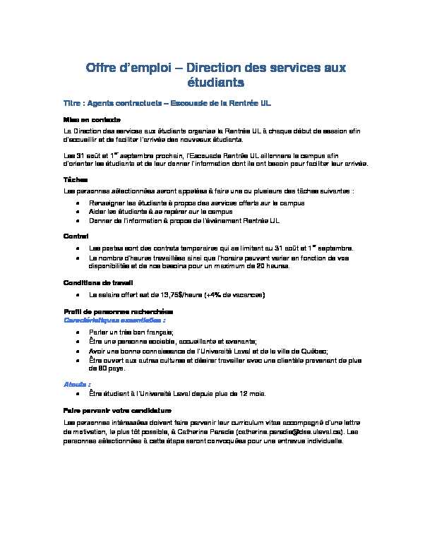 [PDF] Offre demploi – Direction des services aux étudiants - BVE ULaval