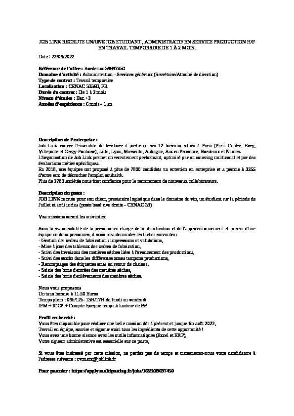 [PDF] Job Link recrute un/une job etudiant  administratif en service