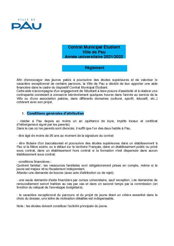 [PDF] Contrat Municipal Étudiant Ville de Pau Année universitaire 2021