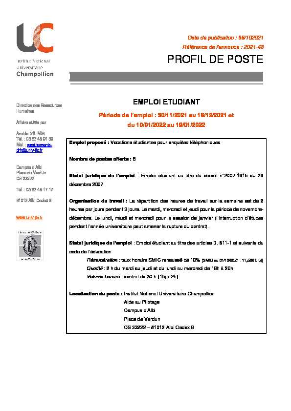 [PDF] PROFIL DE POSTE - INU Champollion
