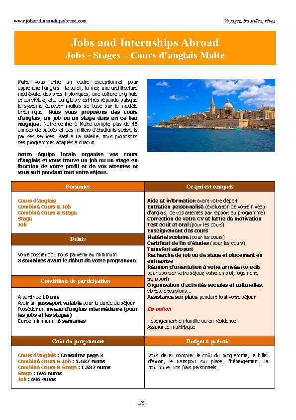 [PDF] Jobs - Stages – Cours danglais Malte - Aquarius Abroad
