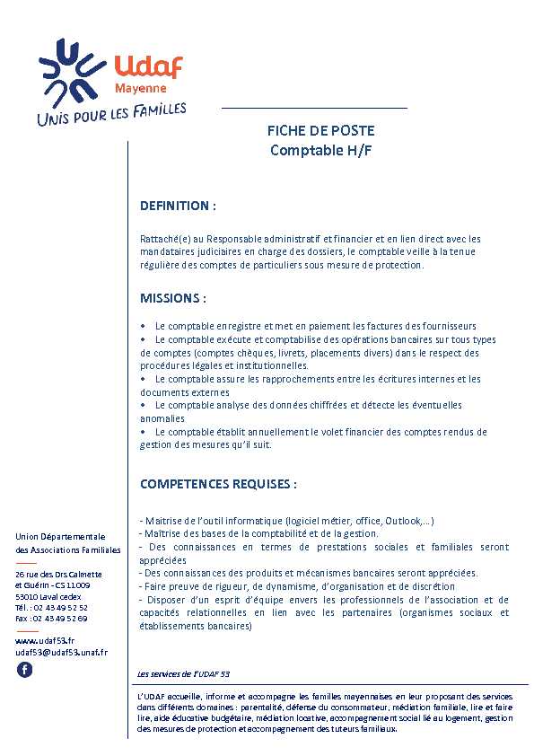 [PDF] FICHE DE POSTE Comptable H/F - UDAF 53