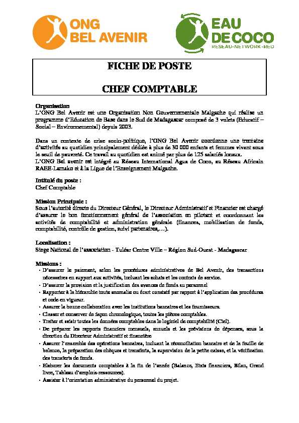 [PDF] FICHE DE POSTE CHEF COMPTABLE - Fundación Agua de Coco