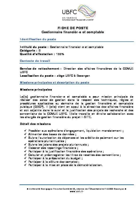 [PDF] FICHE DE POSTE Gestionnaire financièr-e et comptable