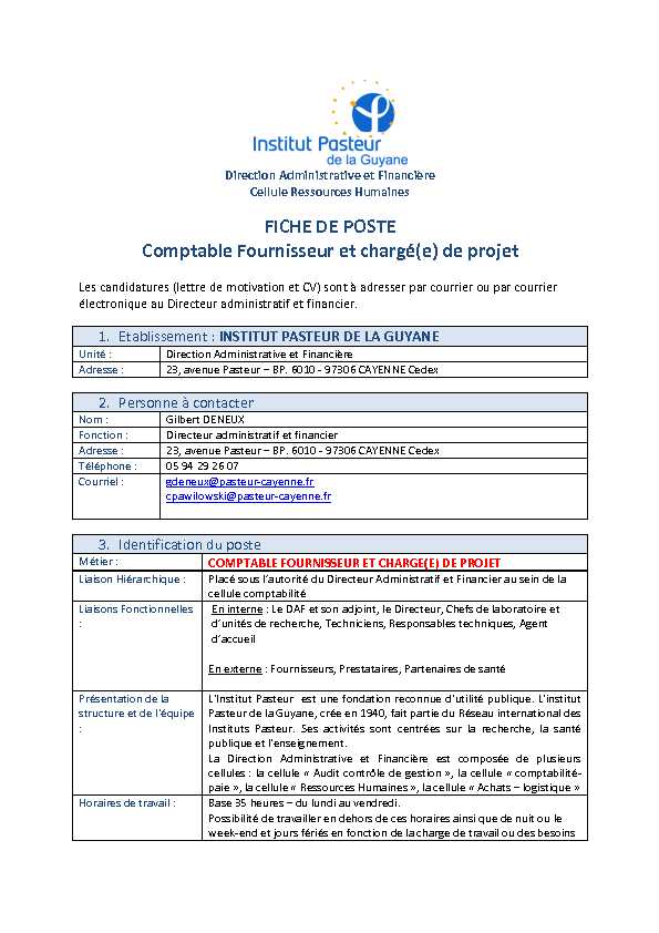 [PDF] FICHE DE POSTE Comptable Fournisseur et chargé(e) de projet