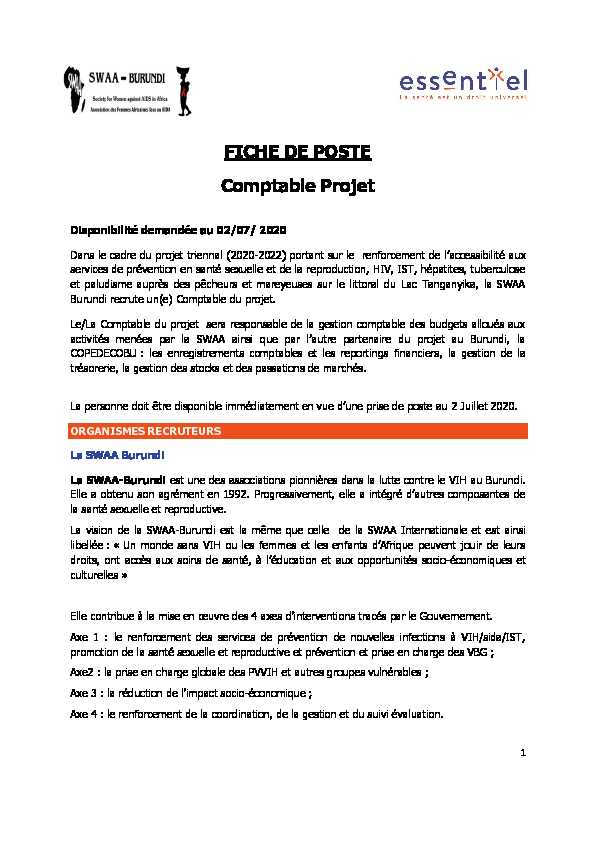 [PDF] FICHE DE POSTE Comptable Projet