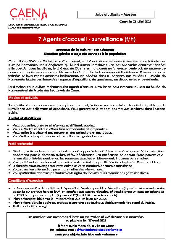 [PDF] 7 Agents daccueil - surveillance (f/h) - Ville de Caen