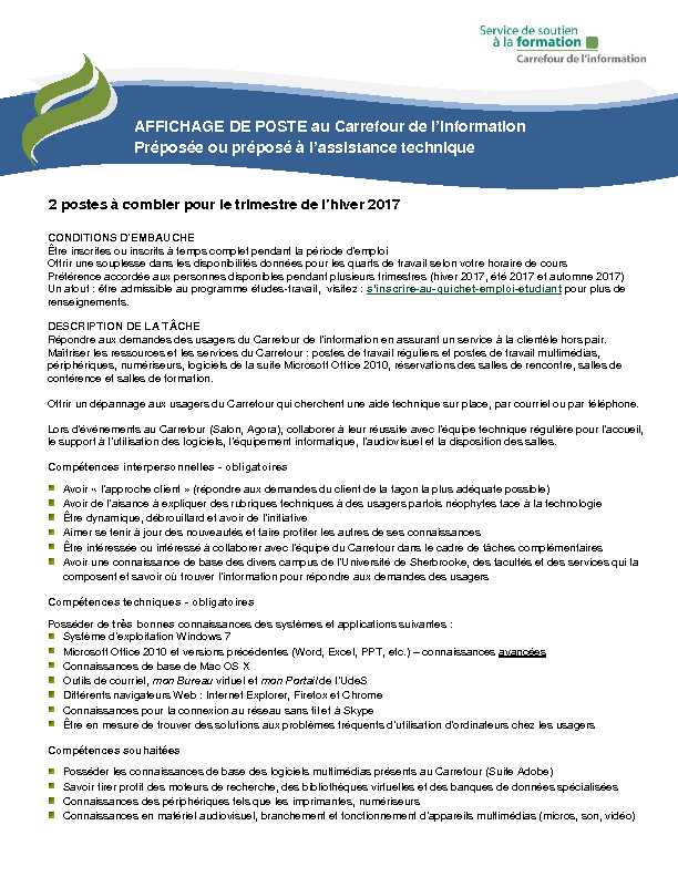 [PDF] AFFICHAGE DE POSTE au Carrefour de linformation Préposée ou