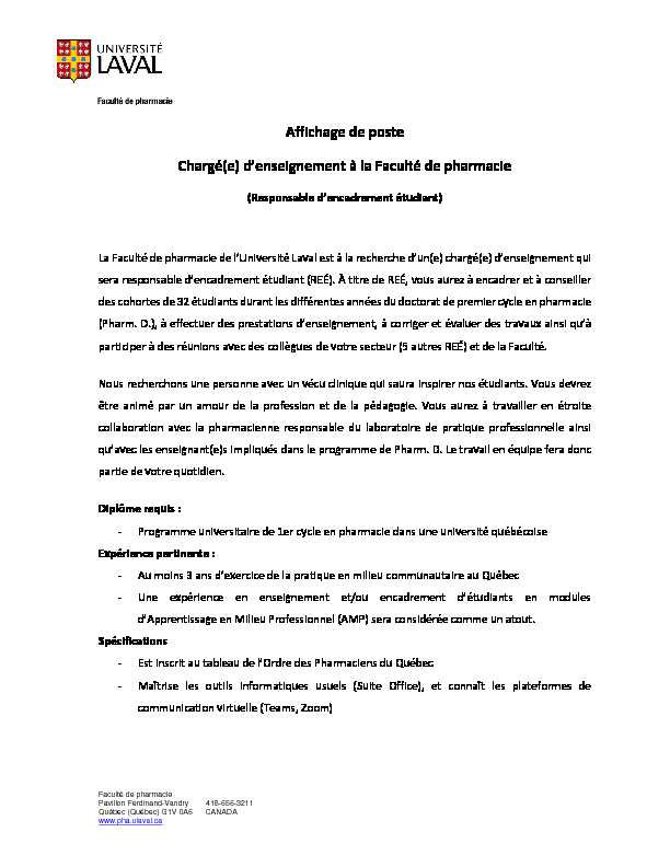 [PDF] Affichage de poste Chargé(e) denseignement à la Faculté de
