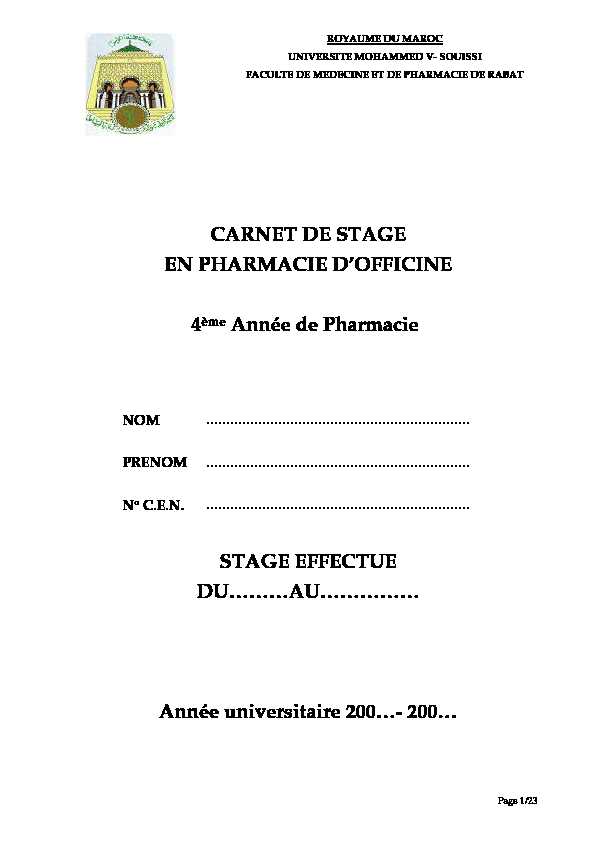[PDF] (carnet de stage PHARMACIE OFFICINE 4ème année)