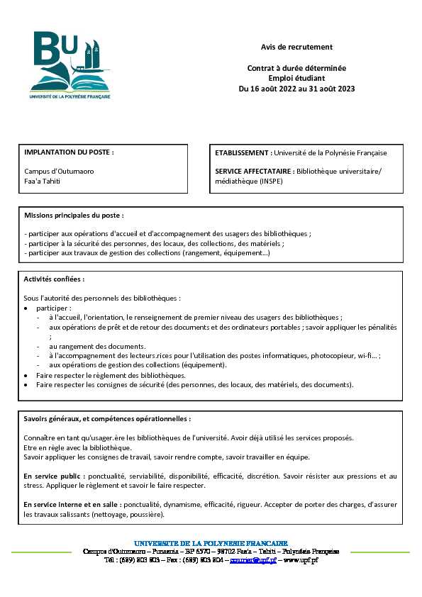 [PDF] Avis de recrutement Contrat à durée déterminée Emploi étudiant Du