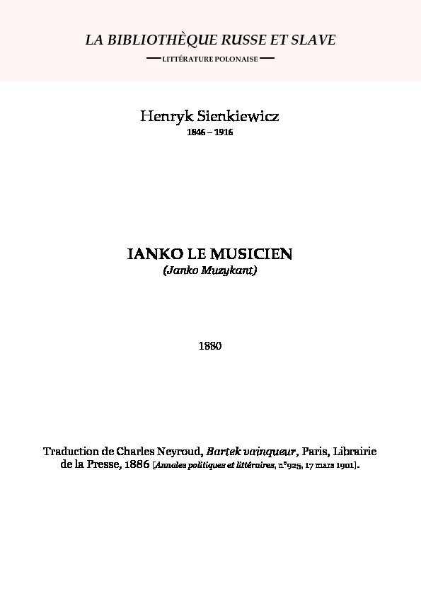 Henryk Sienkiewicz IANKO LE MUSICIEN
